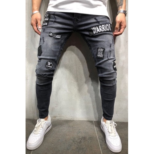 Men's Black Ripped Badge Applique Stiletto Jeans Men's Black Ripped Badge Applique Stiletto Jeans