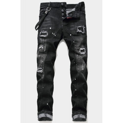 Black Button Fly Slim-fit Distressed Men's Jeans Black Button Fly Slim-fit Distressed Men's Jeans