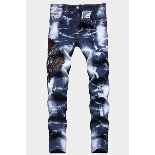 Men's Washed Indian Pattern Embroidery Slim-fit Jeans Men's Washed Indian Pattern Embroidery Slim-fit Jeans