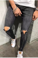 Grey Men's Ripped Zipper Jeans