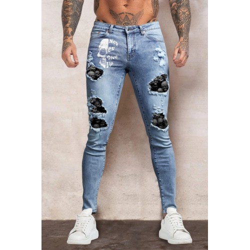 Sky Blue Skull Letter Print Patchwork Skinny Fit Men's Jeans Sky Blue Skull Letter Print Patchwork Skinny Fit Men's Jeans