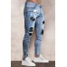 Sky Blue Skull Letter Print Patchwork Skinny Fit Men's Jeans Sky Blue Skull Letter Print Patchwork Skinny Fit Men's Jeans