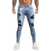 Sky Blue Skull Letter Print Patchwork Skinny Fit Men's Jeans Sky Blue Skull Letter Print Patchwork Skinny Fit Men's Jeans