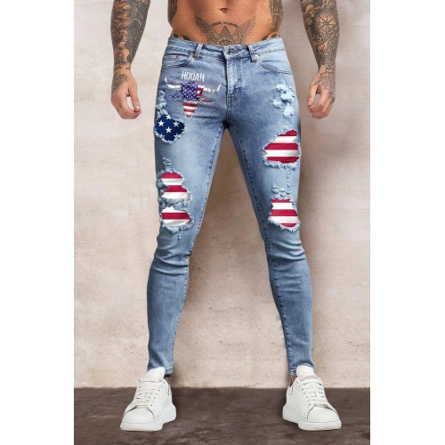 Sky Blue American Flag Graphic Print Splicing Men's Skinny Jeans Sky Blue American Flag Graphic Print Splicing Men's Skinny Jeans