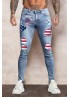 Sky Blue American Flag Graphic Print Splicing Men's Skinny Jeans