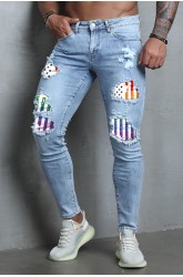 Sky Blue Men Stripes and Stars Print Ripped Skinny Jeans