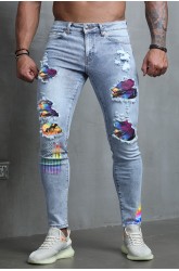 Sky Blue Tie Dye American Flag Print Patchwork Men's Skinny Jeans
