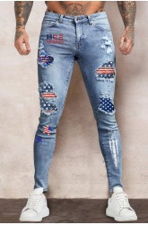 Sky Blue USA Flag Distressed Stretchy Ripped Hole Denim Pants