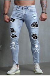 Sky Blue Skull Print Patchwork Distressed Men's Skinny Jeans