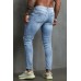 Sky Blue Plaid Pattern Patchwork Ripped Skinny Men's Jeans