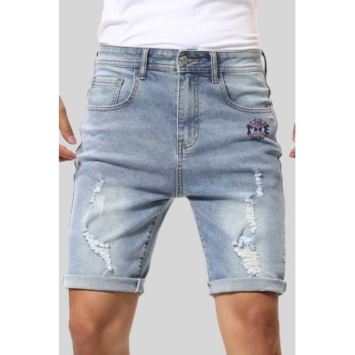 Sky Blue Graphic Print Rolled Hem Ripped Men's Denim Shorts Sky Blue Graphic Print Rolled Hem Ripped Men's Denim Shorts