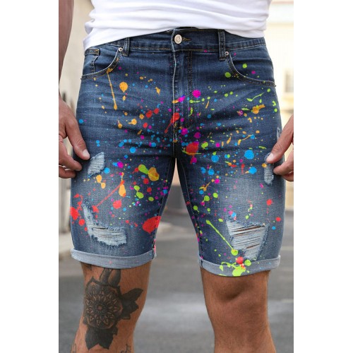 Blue Graffiti Print Distressed Skinny Fit Men's Denim Shorts Blue Graffiti Print Distressed Skinny Fit Men's Denim Shorts