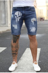 Blue American Flag Skull Print Skinny Distressed Men's Denim Shorts