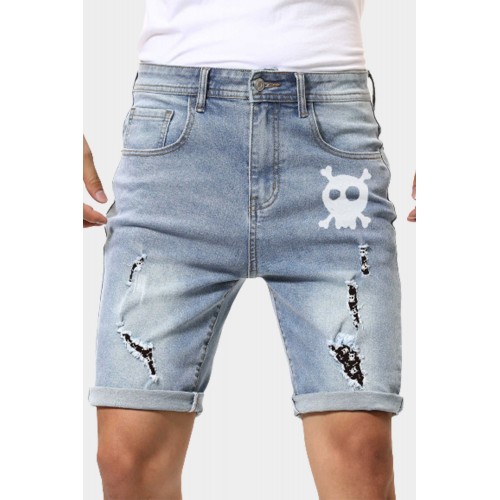 Sky Blue Skull Print Rolled Hem Ripped Men's Denim Shorts Sky Blue Skull Print Rolled Hem Ripped Men's Denim Shorts