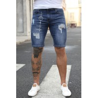 Blue Men's Basketball Printed Skinny Fit Ripped Denim Shorts