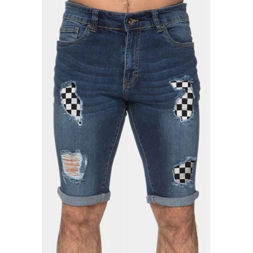 Blue Plaid Pattern Splicing Skinny Distressed Men's Denim Shorts Blue Plaid Pattern Splicing Skinny Distressed Men's Denim Shorts