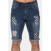 Blue Plaid Pattern Splicing Skinny Distressed Men's Denim Shorts Blue Plaid Pattern Splicing Skinny Distressed Men's Denim Shorts