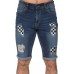 Blue Plaid Pattern Splicing Skinny Distressed Men's Denim Shorts Blue Plaid Pattern Splicing Skinny Distressed Men's Denim Shorts