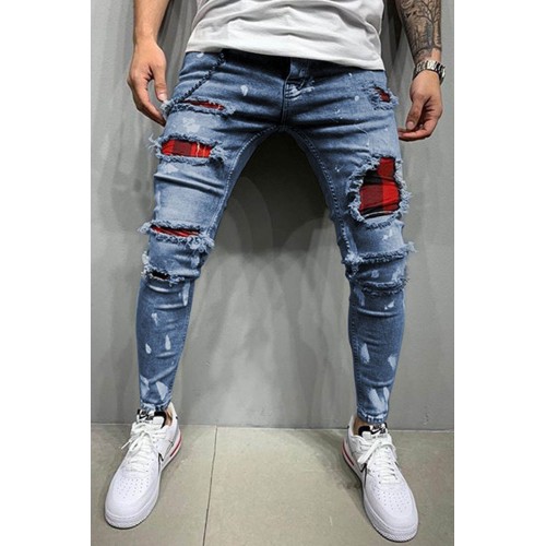 Plaid Patchwork Distressed Slim-fit Men's Jeans Plaid Patchwork Distressed Slim-fit Men's Jeans
