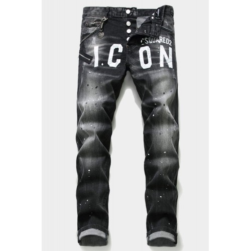 Men's Letter Print Buttons Straight Leg Jeans Men's Letter Print Buttons Straight Leg Jeans
