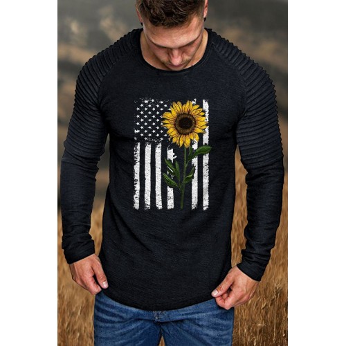 Black Men's Sunflower American Flag Print Pleated Long Sleeve Top Black Men's Sunflower American Flag Print Pleated Long Sleeve Top