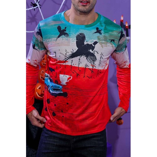 Men's Halloween Flying Bird Car Print Long Sleeve Knit T-shirt Men's Halloween Flying Bird Car Print Long Sleeve Knit T-shirt