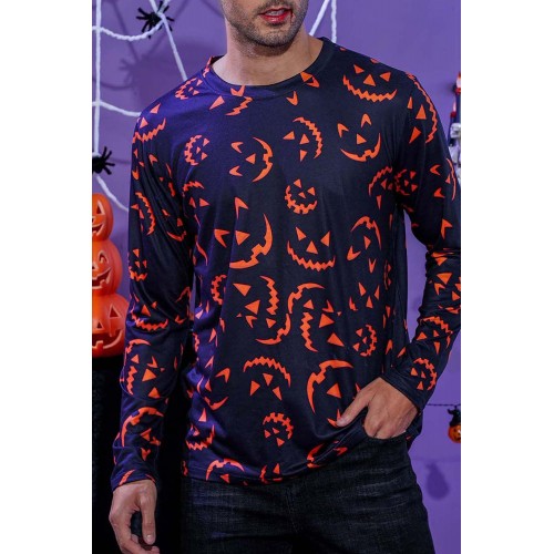 Men's Halloween Pumpkin Smiley Print Long Sleeve Knit T-shirt Men's Halloween Pumpkin Smiley Print Long Sleeve Knit T-shirt