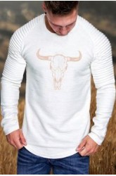 White Steer Head Graphic Pleated Slim Fit Men Long Sleeve T-shirt