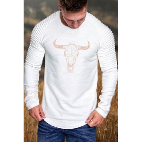 White Steer Head Graphic Pleated Slim Fit Men Long Sleeve T-shirt White Steer Head Graphic Pleated Slim Fit Men Long Sleeve T-shirt