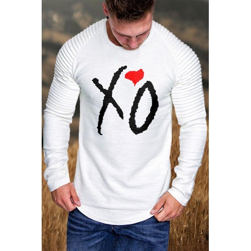 White XO Heart Print Pleated Sleeve Slim-fit Men's T-shirt White XO Heart Print Pleated Sleeve Slim-fit Men's T-shirt