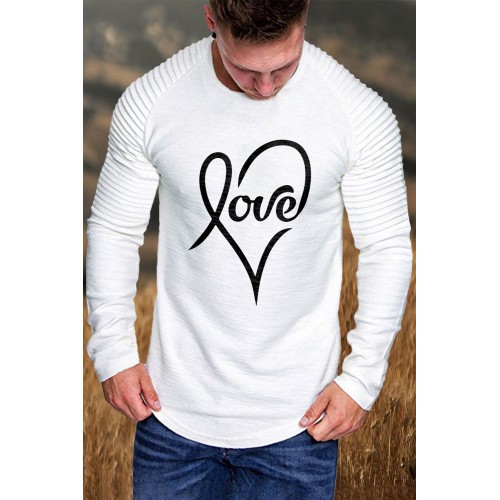 White Men's Love Heart Shape Print Pleated Long Sleeve T-shirt White Men's Love Heart Shape Print Pleated Long Sleeve T-shirt