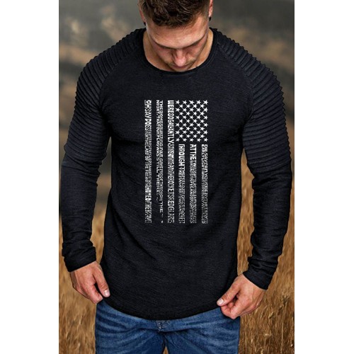 Pleated Long Sleeve Letter US Flag Print Men's Graphic T-shirt Pleated Long Sleeve Letter US Flag Print Men's Graphic T-shirt