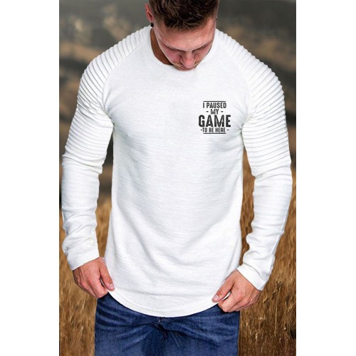 White Men's Letter Print Pleated Long Sleeve Top White Men's Letter Print Pleated Long Sleeve Top