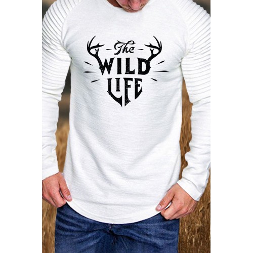 White The Wild Life Graphic Print Pleated Sleeve Men's T-shirt White The Wild Life Graphic Print Pleated Sleeve Men's T-shirt
