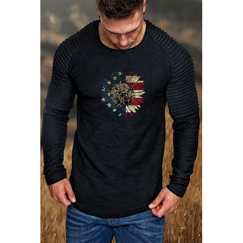US Flag Sunflower Print Pleated Slim-fit Men's T-shirt US Flag Sunflower Print Pleated Slim-fit Men's T-shirt