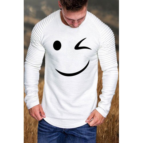 White Funny Smile Print Pleated Crew Neck Men's Long Sleeve Top White Funny Smile Print Pleated Crew Neck Men's Long Sleeve Top