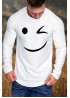 White Funny Smile Print Pleated Crew Neck Men's Long Sleeve Top