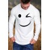 White Funny Smile Print Pleated Crew Neck Men's Long Sleeve Top White Funny Smile Print Pleated Crew Neck Men's Long Sleeve Top