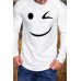 White Funny Smile Print Pleated Crew Neck Men's Long Sleeve Top White Funny Smile Print Pleated Crew Neck Men's Long Sleeve Top