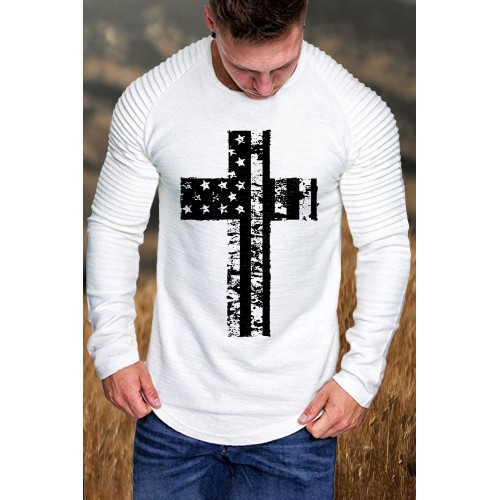 White Men's America Flag Cross Print Pleated Long Sleeve T-shirt White Men's America Flag Cross Print Pleated Long Sleeve T-shirt