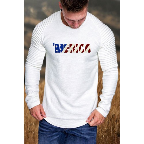 White America Flag Letter Print Pleated Sleeve Men's Graphic Tee White America Flag Letter Print Pleated Sleeve Men's Graphic Tee