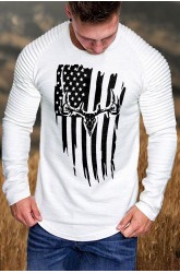 White Men's Pleated Long Sleeve America Flag Graphic Print Top
