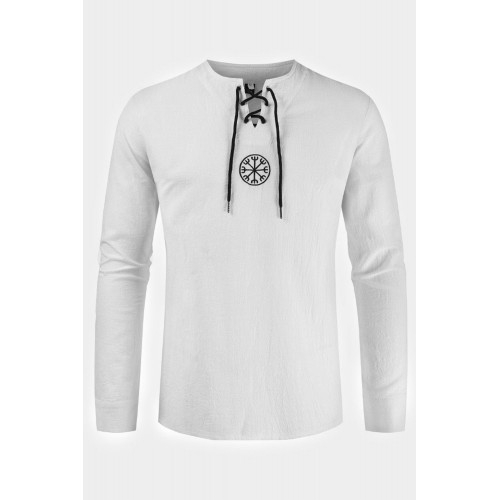White Men's Pattern Print Lace-up Drawstring Long Sleeve Shirt White Men's Pattern Print Lace-up Drawstring Long Sleeve Shirt