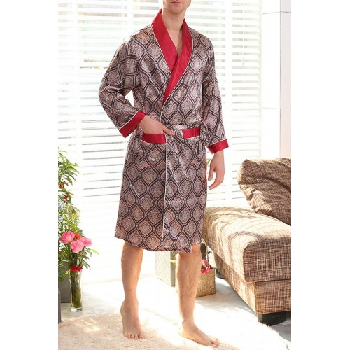 Red Men's Vintage Print Satin Kimono Bathrobe Set Red Men's Vintage Print Satin Kimono Bathrobe Set