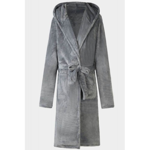 Gray Plush Lace-up Thick Hooded Men's Teddy Robe Gray Plush Lace-up Thick Hooded Men's Teddy Robe