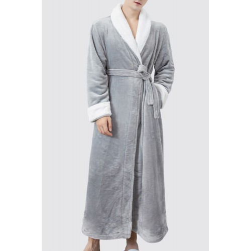 Grey Men Contrast Trim Fleece Robe Nightgown Grey Men Contrast Trim Fleece Robe Nightgown