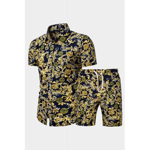 Pattern Print Men's Button Short Sleeve Shirt and Shorts Set Pattern Print Men's Button Short Sleeve Shirt and Shorts Set