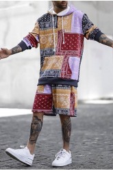 Men's Pattern Print Color Block Long Sleeve Hoodie and Shorts Suit