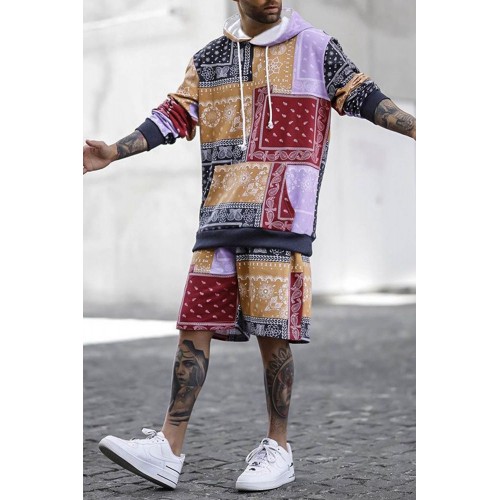 Men's Pattern Print Color Block Long Sleeve Hoodie and Shorts Suit Men's Pattern Print Color Block Long Sleeve Hoodie and Shorts Suit