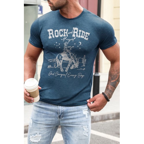 Blue ROCK RIDE Graphic Print Slim-fit Men's T-shirt Blue ROCK RIDE Graphic Print Slim-fit Men's T-shirt